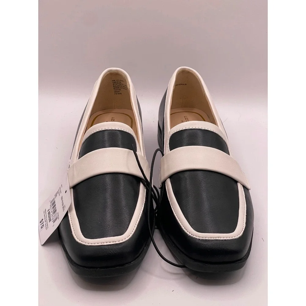 Liz Claiborne LC Jakey Black White Colorblock Loafers Memory Foam Square Toe 8M